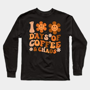 100 Days Of Coffee Chaos Groovy 100Th Day Teacher Long Sleeve T-Shirt